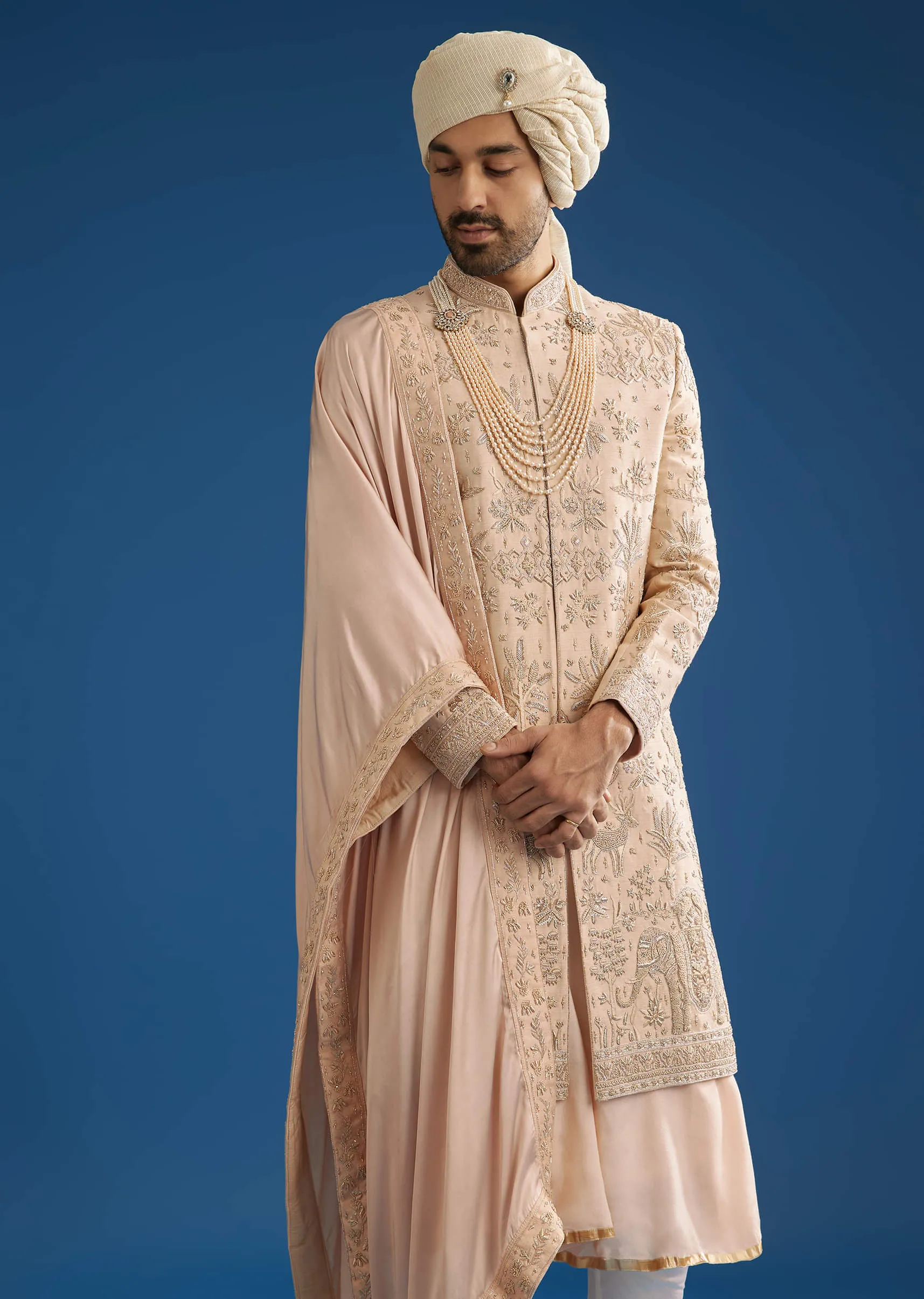 Beige Silk Groom Sherwani Set With Zardosi Work