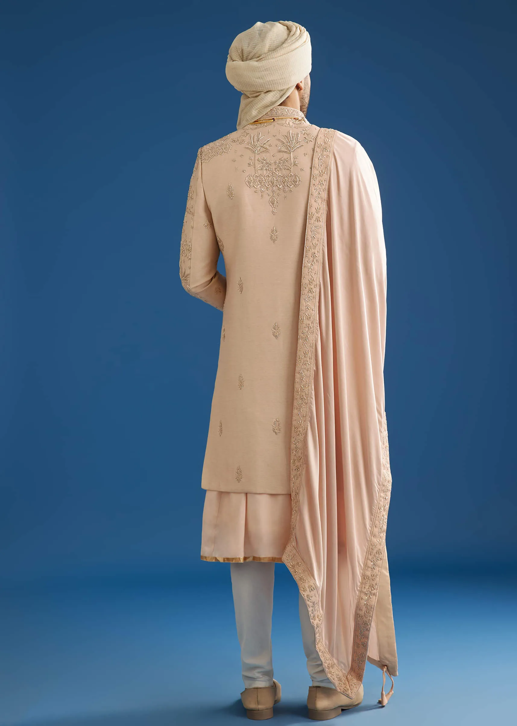Beige Silk Groom Sherwani Set With Zardosi Work