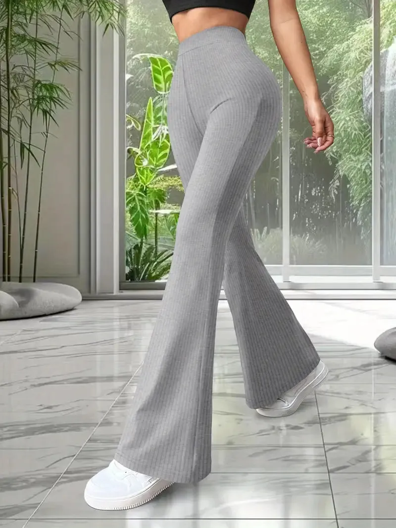 High waist Solid color Flared Pants