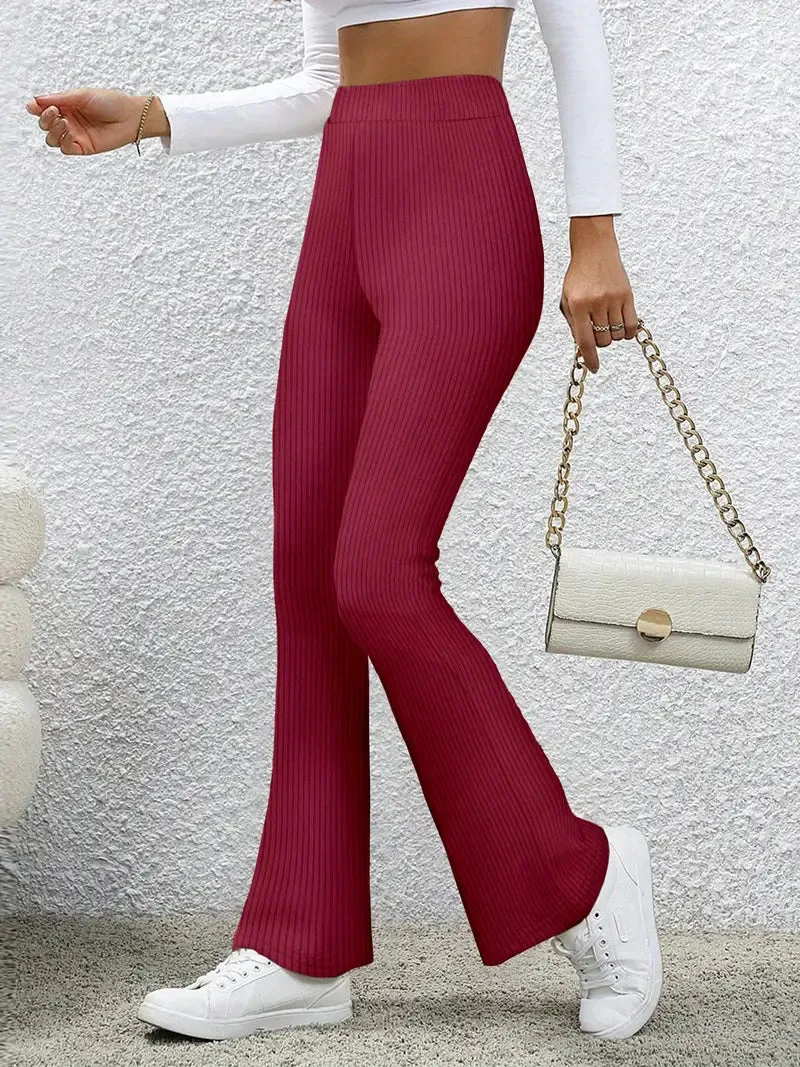 High waist Solid color Flared Pants