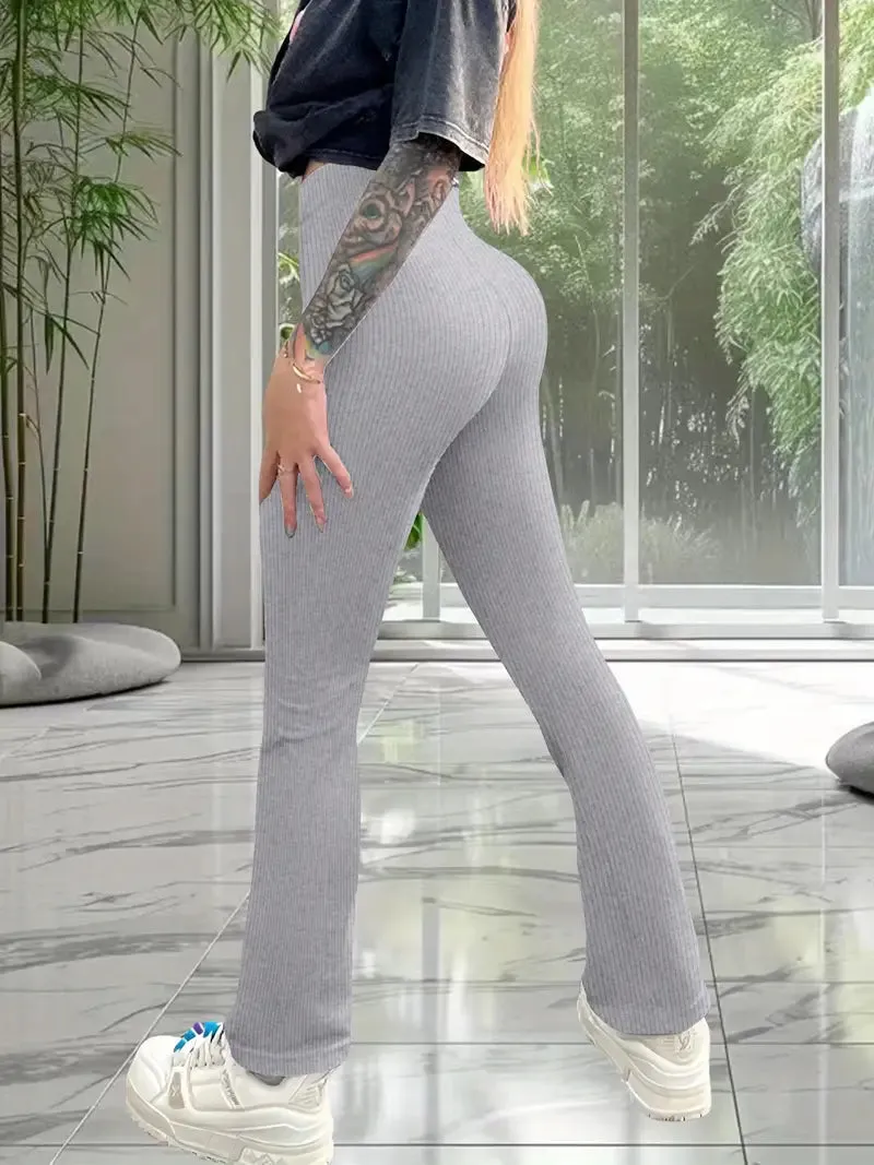 High waist Solid color Flared Pants