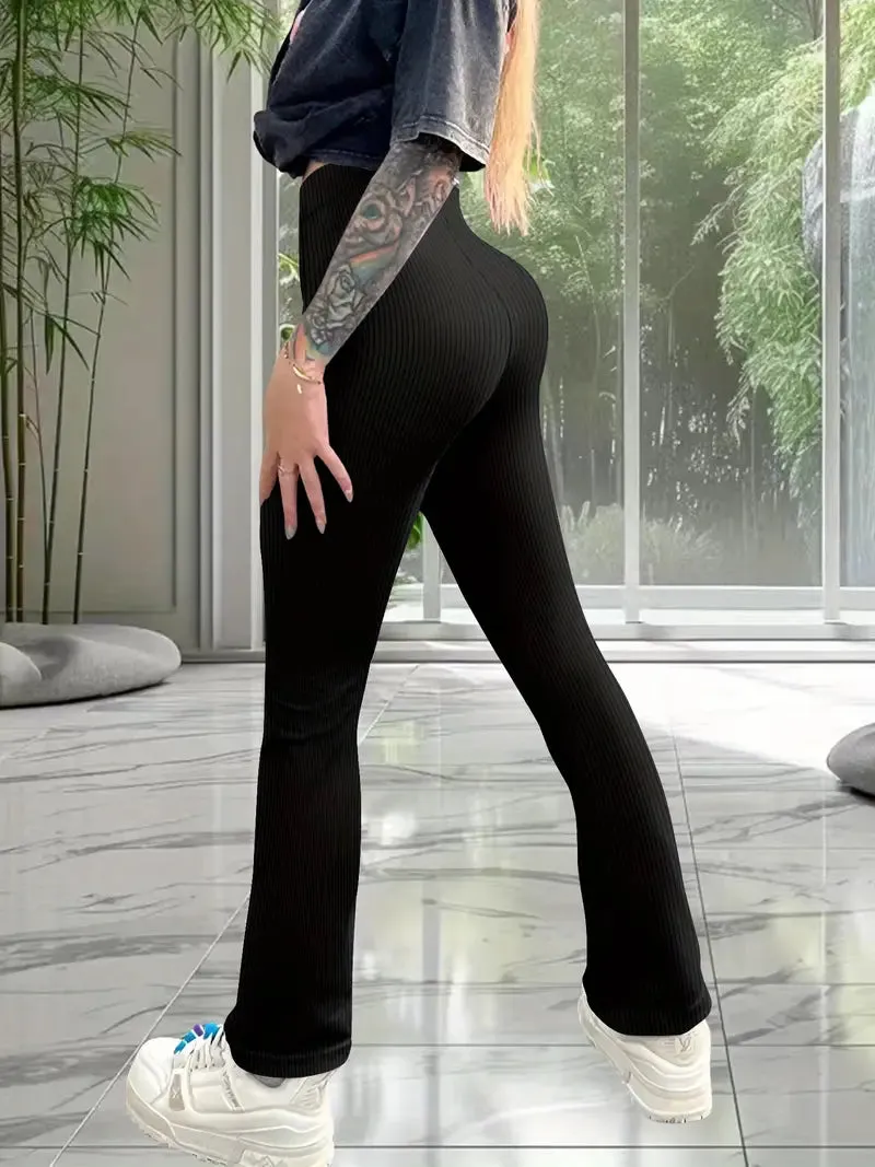 High waist Solid color Flared Pants