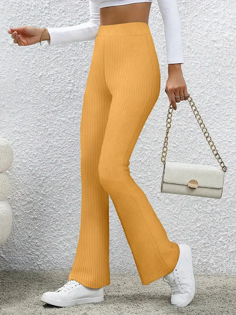 High waist Solid color Flared Pants