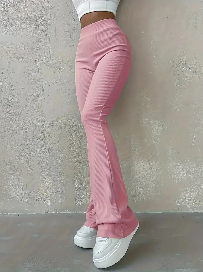 High waist Solid color Flared Pants