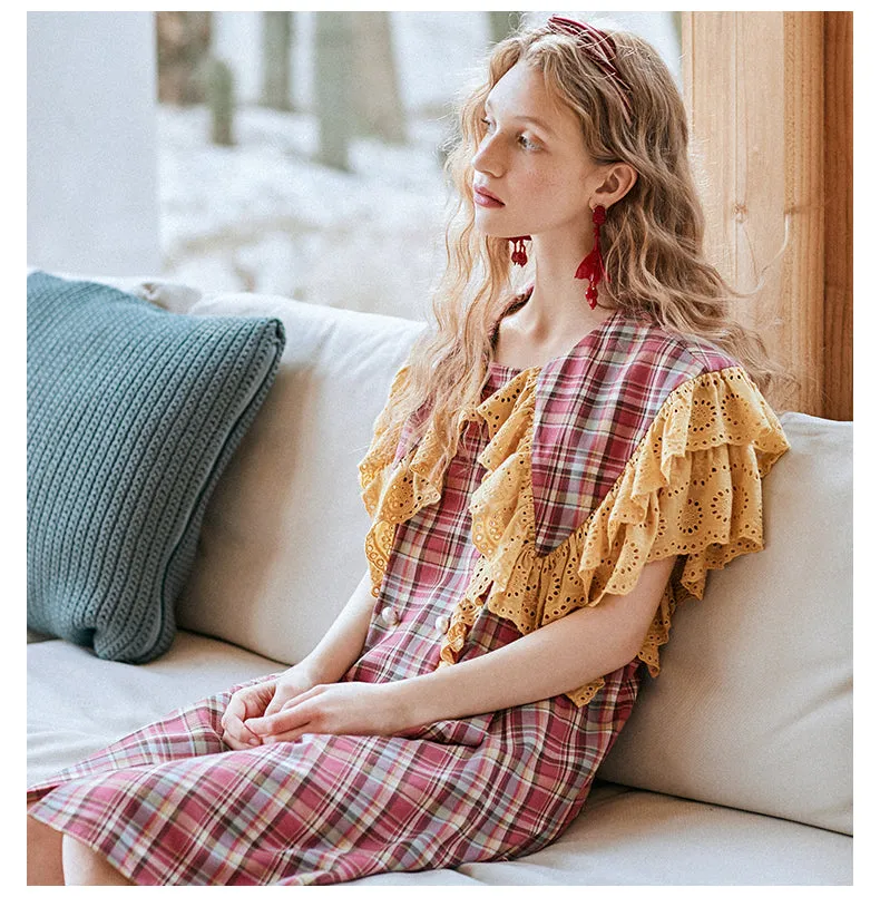 JAM PRINCESS RUFFLE COLLAR CHECK SMOCK DRESS IN RED