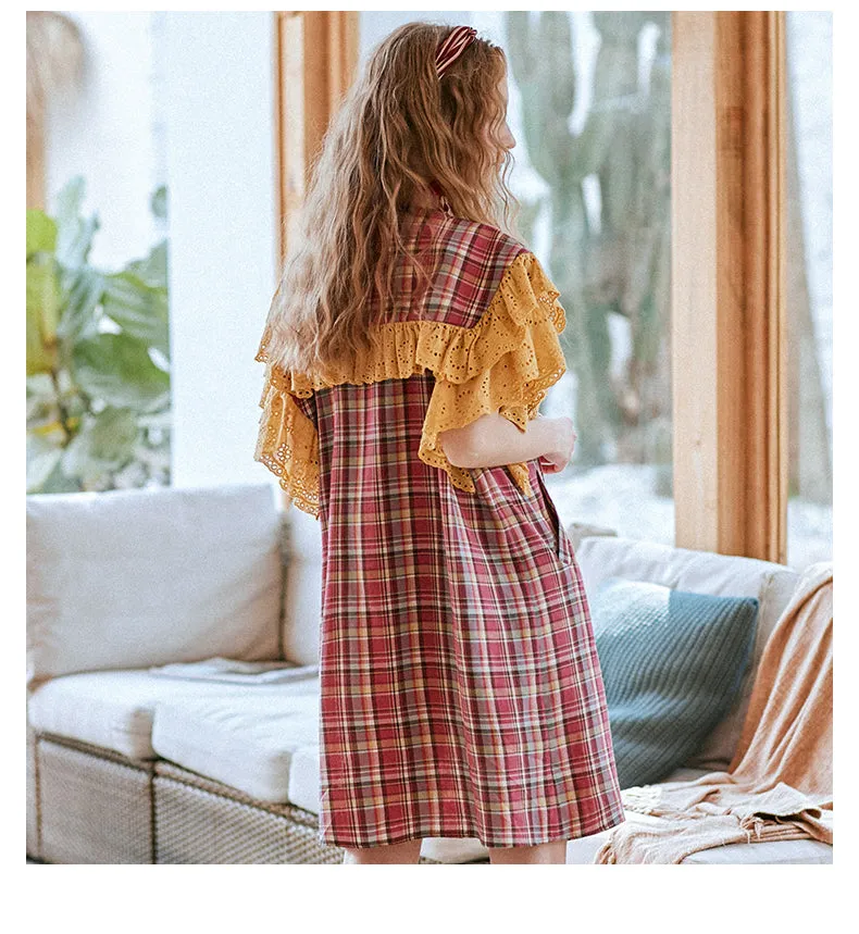 JAM PRINCESS RUFFLE COLLAR CHECK SMOCK DRESS IN RED