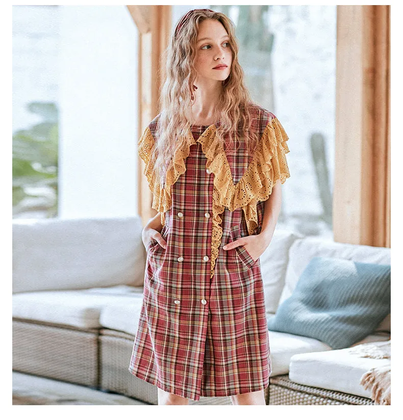 JAM PRINCESS RUFFLE COLLAR CHECK SMOCK DRESS IN RED