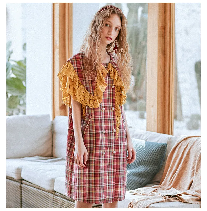 JAM PRINCESS RUFFLE COLLAR CHECK SMOCK DRESS IN RED