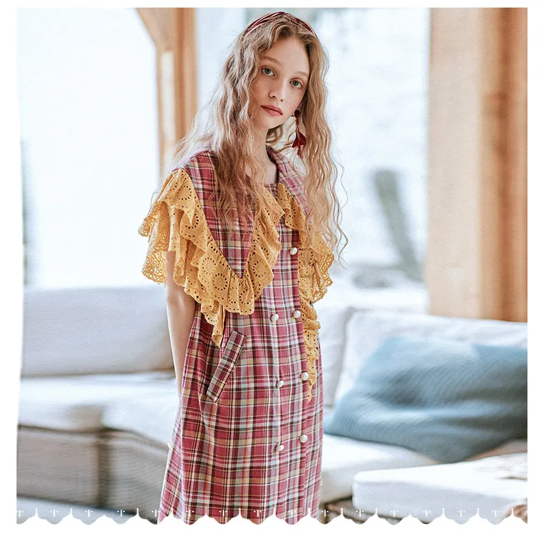 JAM PRINCESS RUFFLE COLLAR CHECK SMOCK DRESS IN RED