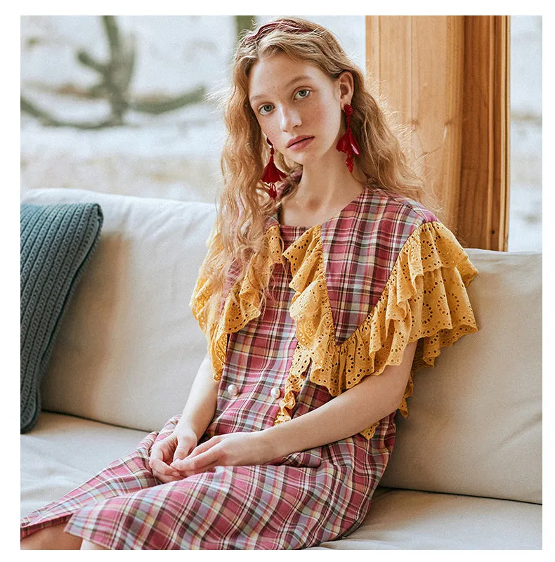 JAM PRINCESS RUFFLE COLLAR CHECK SMOCK DRESS IN RED