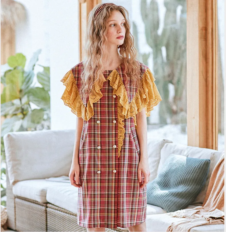 JAM PRINCESS RUFFLE COLLAR CHECK SMOCK DRESS IN RED