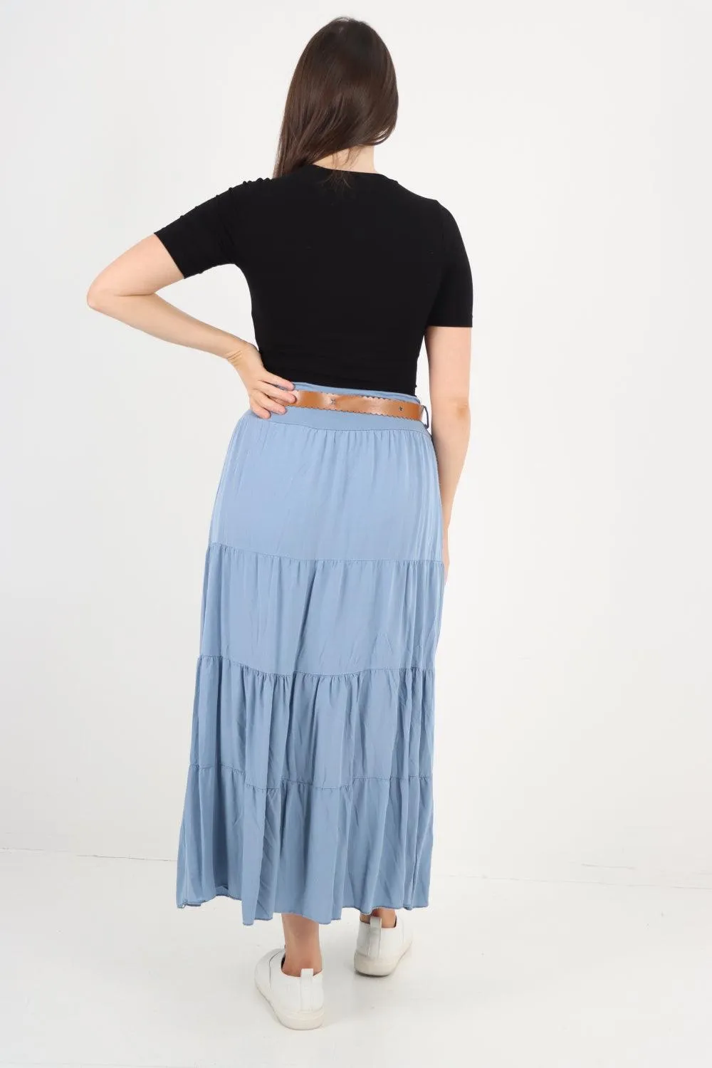 Midi Length Waist Belted Tiered Skirt