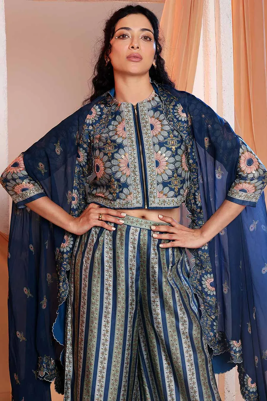 Navy Blue Earaya Printed Co-Ord Set With Cape