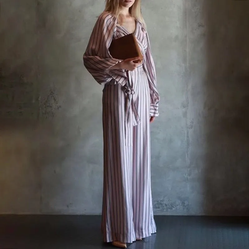 Striped Women Suit Lantern Long Sleeve V Neck