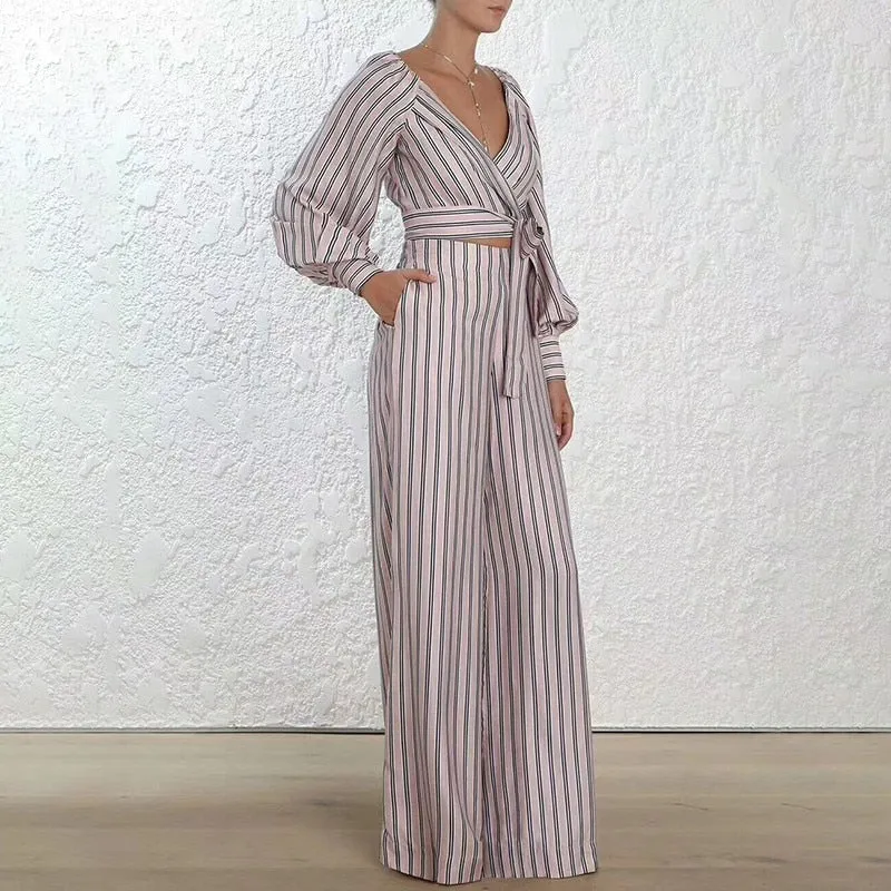 Striped Women Suit Lantern Long Sleeve V Neck