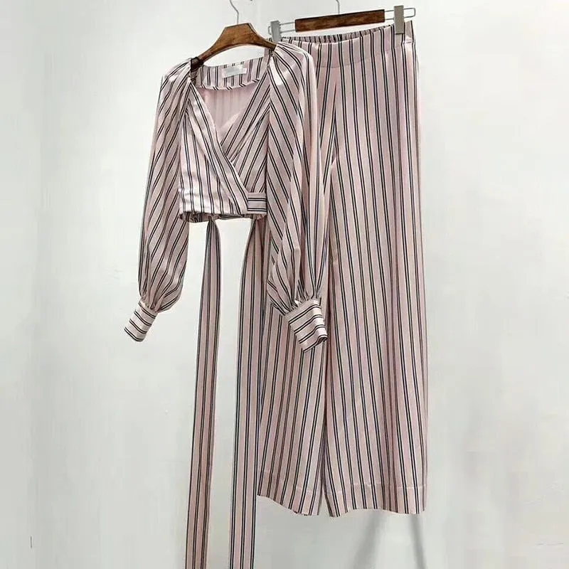Striped Women Suit Lantern Long Sleeve V Neck