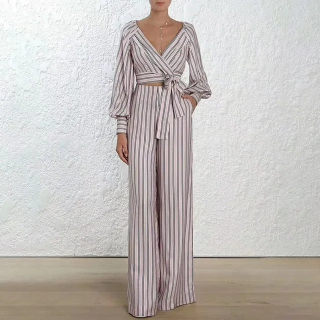 Striped Women Suit Lantern Long Sleeve V Neck
